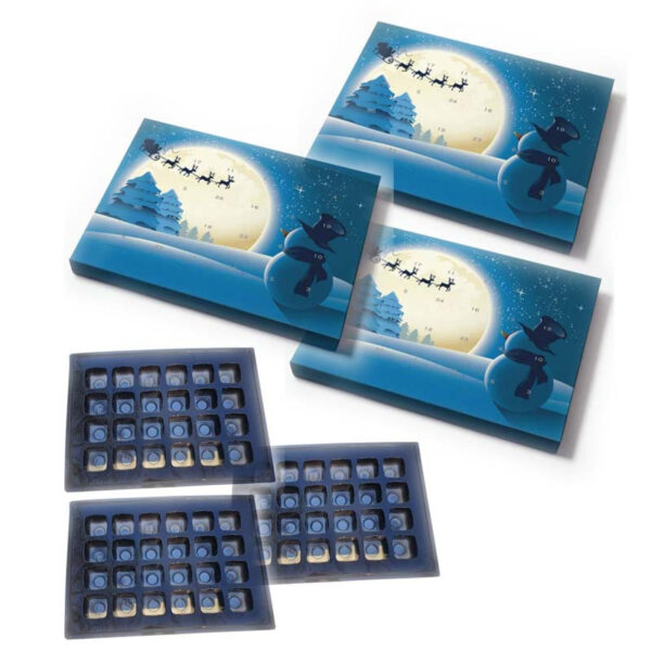 3-pack Pralinask julkalender, snögubbe - 24 praliner, med insatser