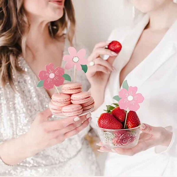 Cake toppers rosa blommor, 8 st - PartyDeco