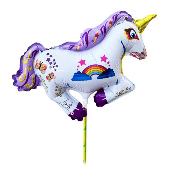 Folieballong med pinne Unicorn med regnbåge & fjärilar