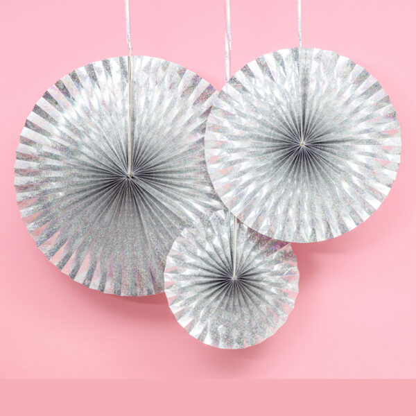 Pappersrosetter Holografisk silver, 3 storlekar - PartyDeco