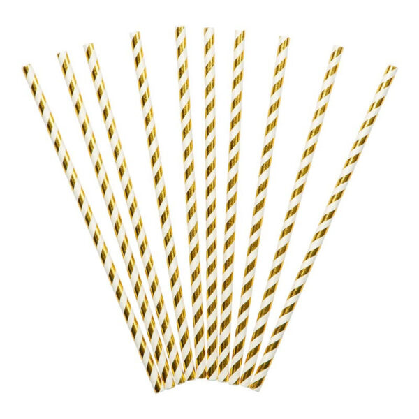 Randiga papperssugrör guld/vit, 10-pack
