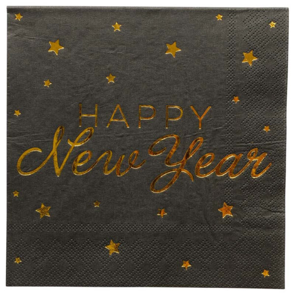 Servetter Happy New Year, svart & guld