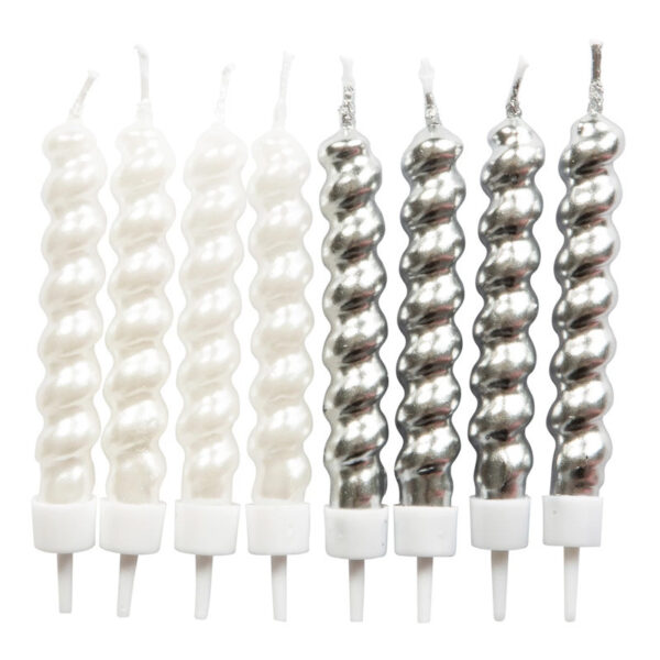 Snurrade tårtljus, Silver & Vit, 8-pack