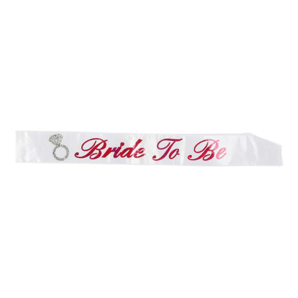 Vitt ordensband, sash, rosa text "Bride to be"